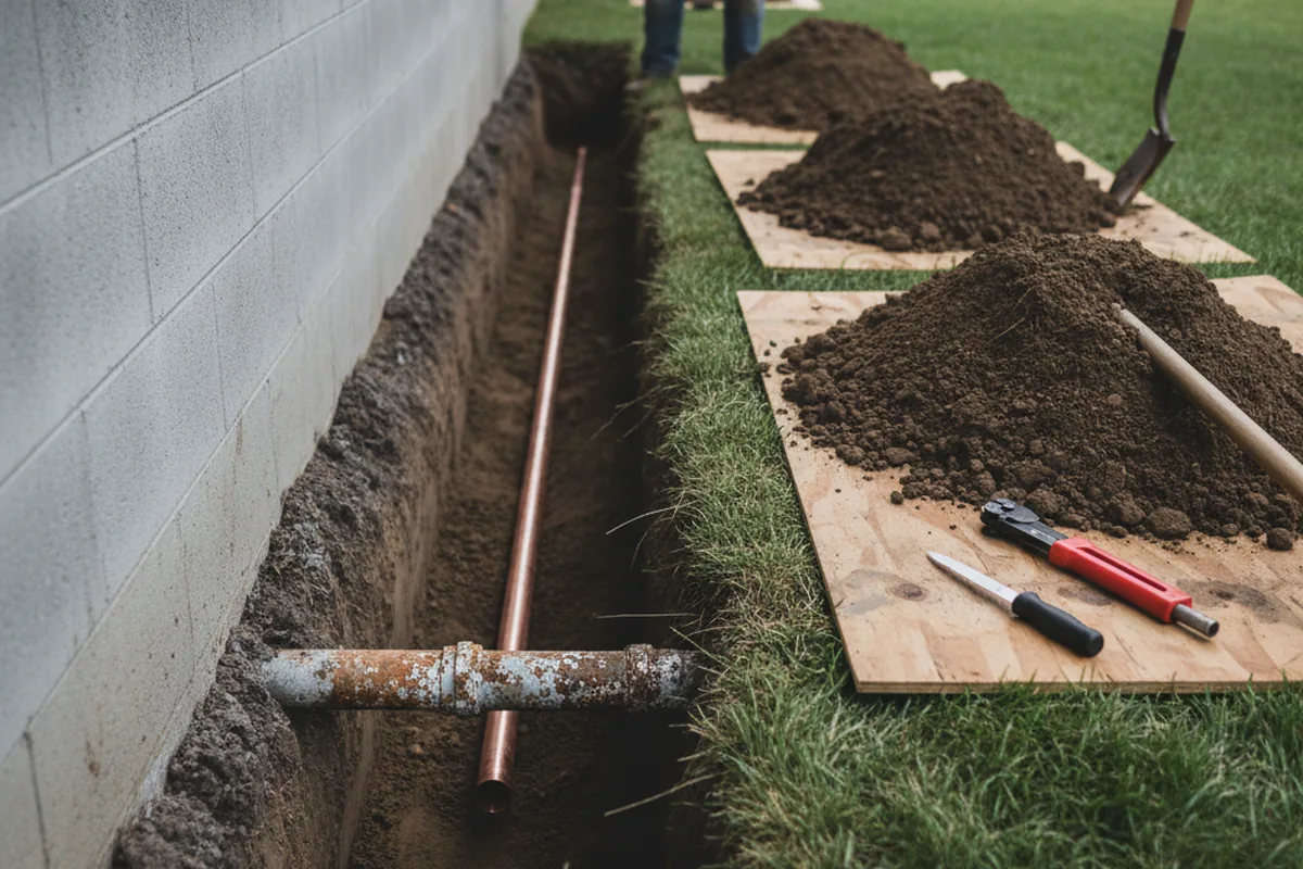 Excavated water line trench during Water Softener Installation in Crisfield